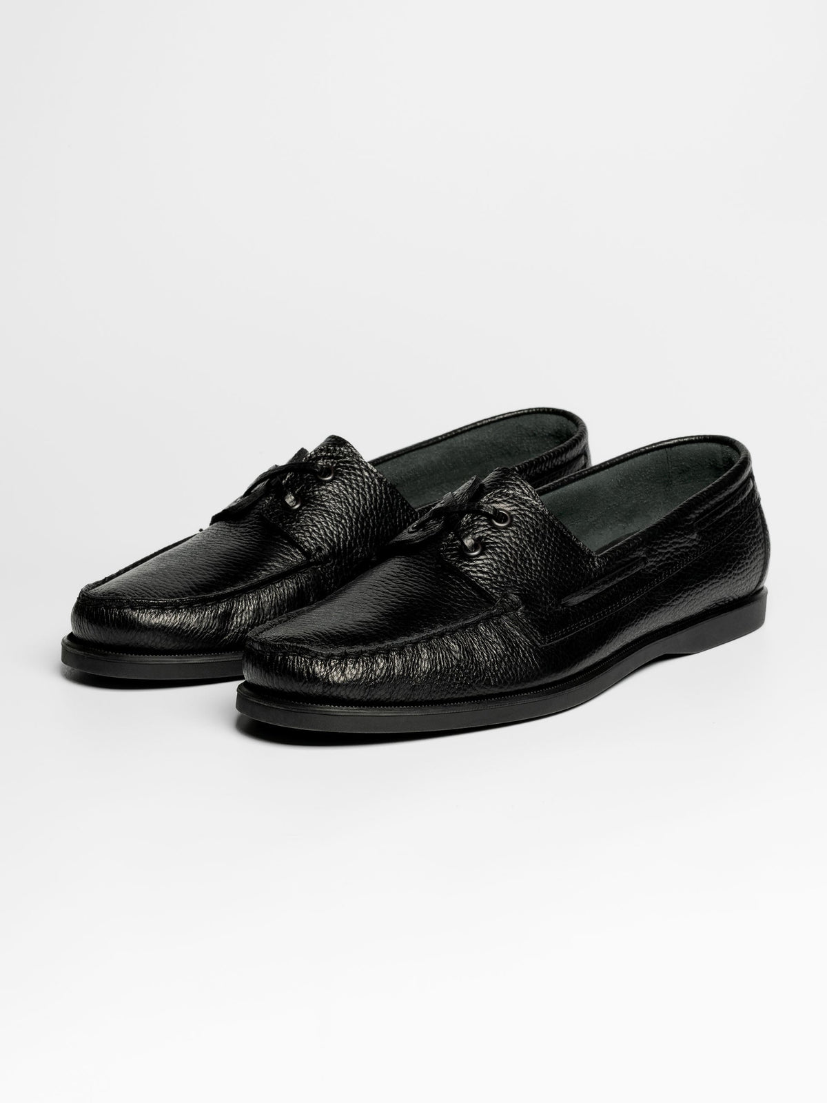 Men's Black Grained Leather Boat Shoes